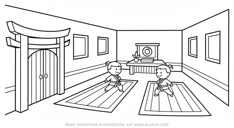 Karate Dojo mit zwei trainierenden Kindern Ausmalbild