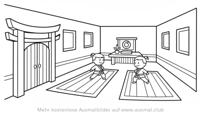 Karate Dojo mit zwei trainierenden Kindern Ausmalbild