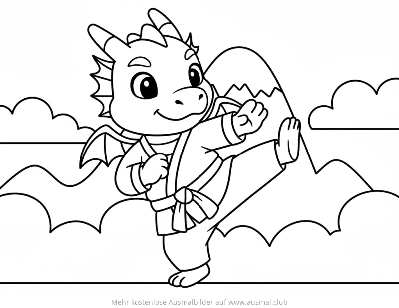 Drache im Karateanzug beim Kampfsport Ausmalbild