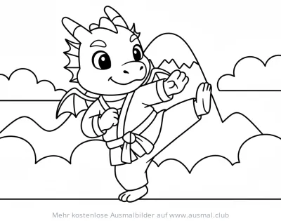 Drache im Karateanzug beim Kampfsport Ausmalbild