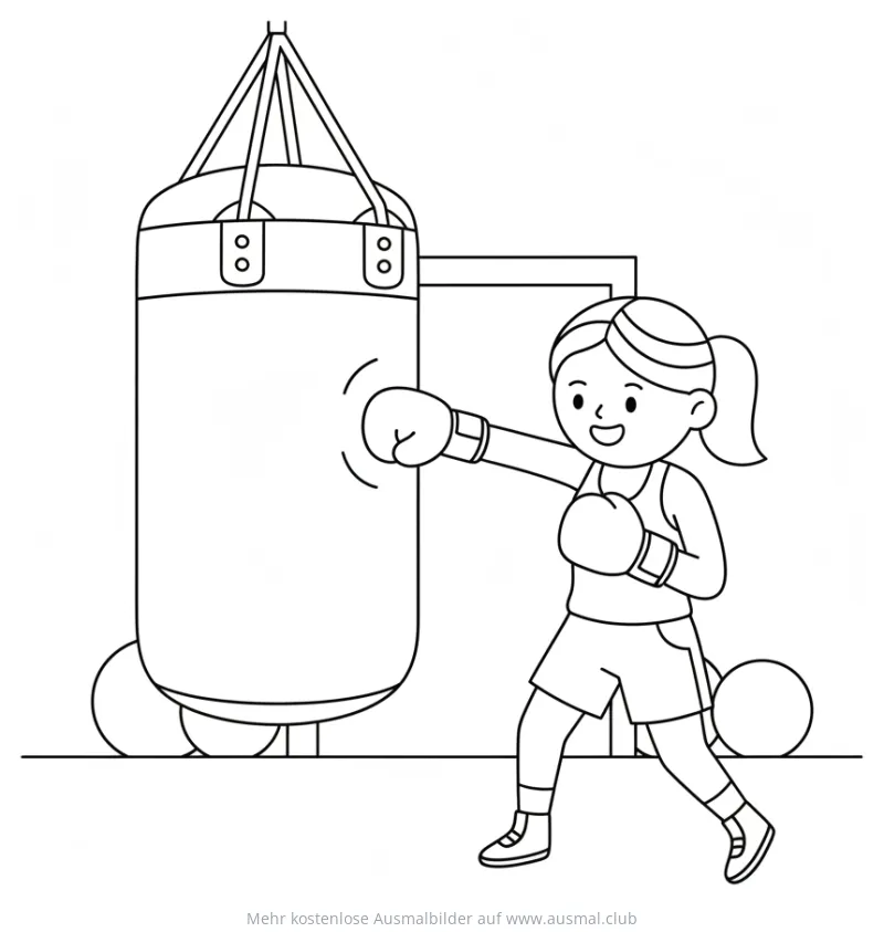 Boxerin beim Training mit Boxsack Ausmalbild