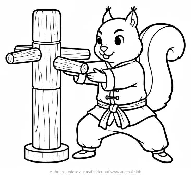 Eichhörnchen im Kung Fu Anzug trainiert an Holzpfosten Ausmalbild