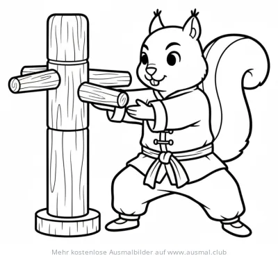 Eichhörnchen im Kung Fu Anzug trainiert an Holzpfosten Ausmalbild