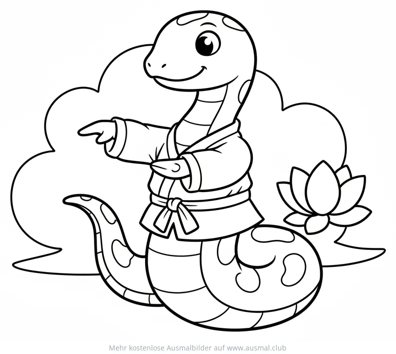 Schlange im Karateanzug Ausmalbild mit Lotusblume