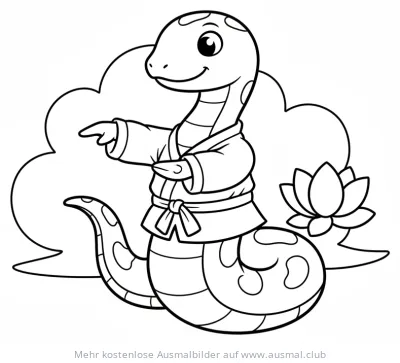 Schlange im Karateanzug Ausmalbild mit Lotusblume