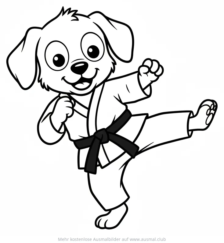 Hund im Karate-Gi beim Tritt Ausmalbild