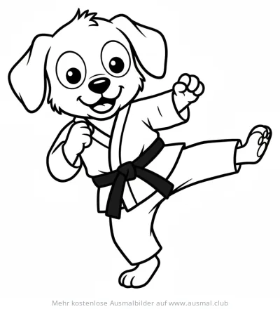 Hund im Karate-Gi beim Tritt Ausmalbild