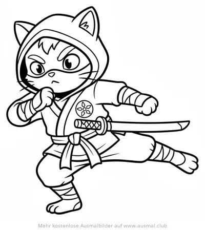 Katze als Ninja mit Katana Ausmalbild