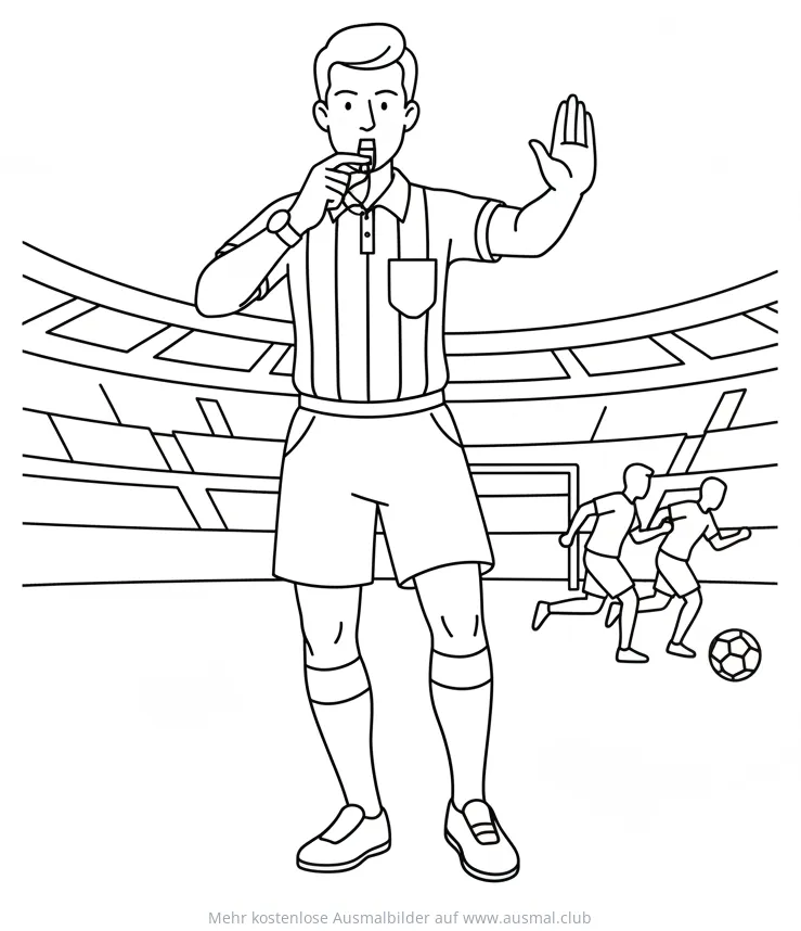 Schiedsrichter mit Pfeife im Fußballstadion Ausmalbild