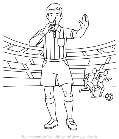 Schiedsrichter mit Pfeife im Fußballstadion Ausmalbild