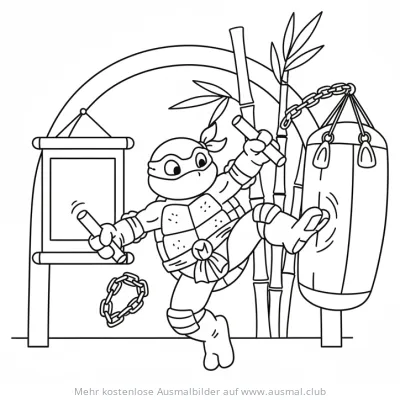 Ninja Turtle mit Nunchakus und Boxsack Ausmalbild