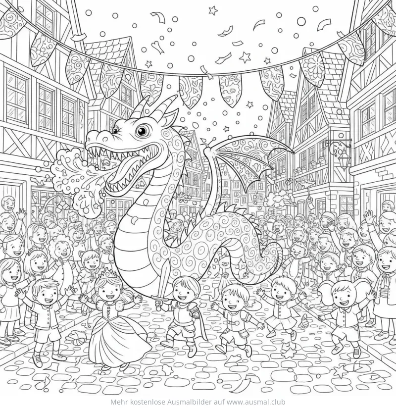Karneval Drache Umzug Ausmalbild mit Kindern