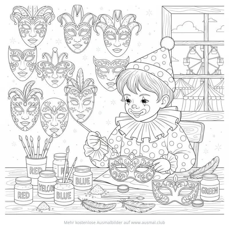 Clown bemalt Karnevalsmaske Ausmalbild