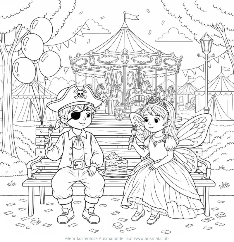 Pirat und Fee essen Kuchen vor Karussell Ausmalbild