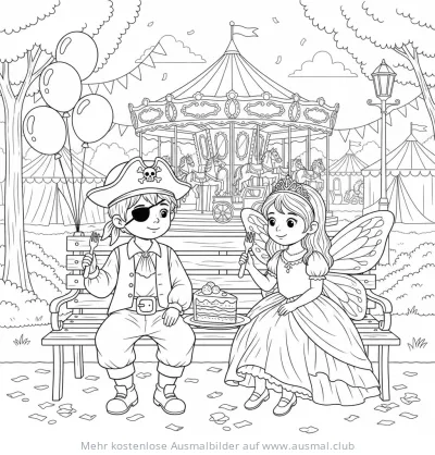 Pirat und Fee essen Kuchen vor Karussell Ausmalbild