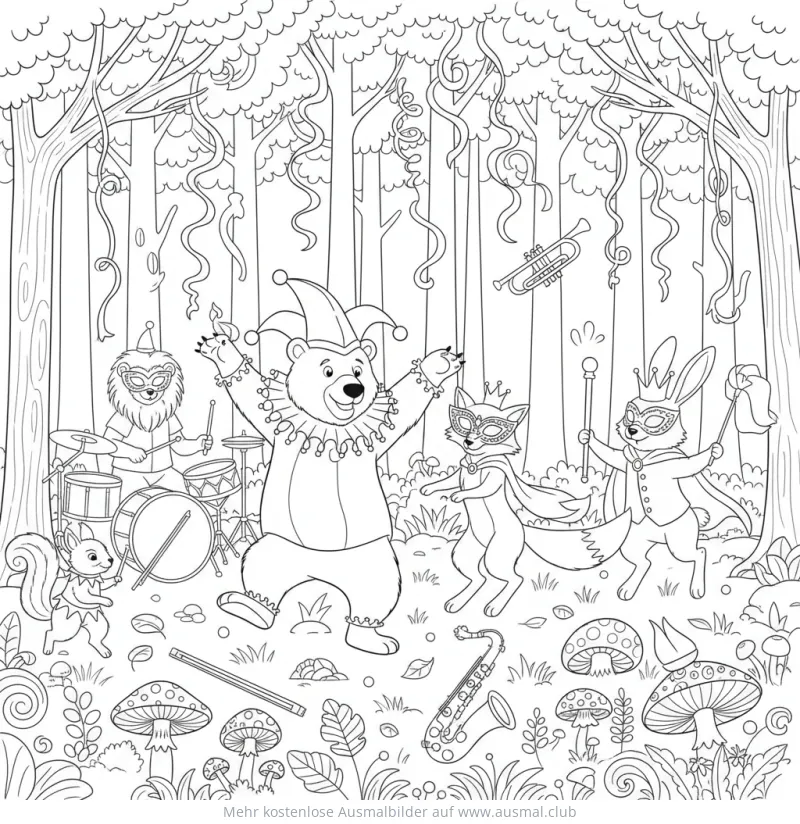 Karneval Ausmalbild mit Tieren in Kostümen im Wald