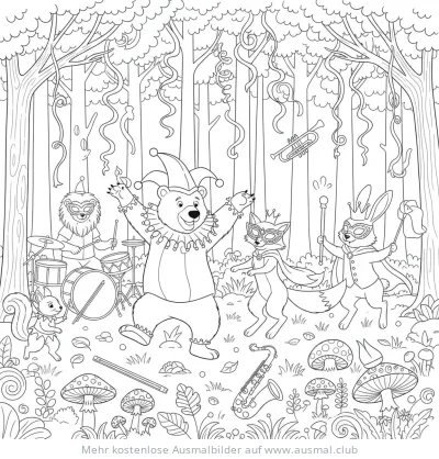 Karneval Ausmalbild mit Tieren in Kostümen im Wald