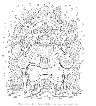 Süßigkeitenkönig auf Thron aus Süßigkeiten Ausmalbild