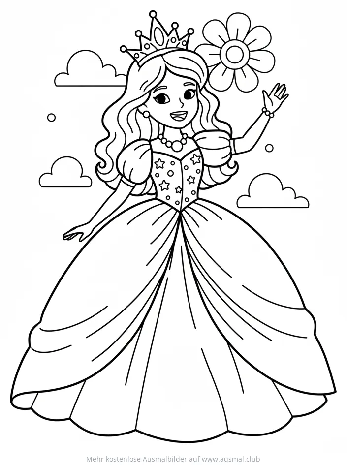 Prinzessin mit Krone, Ballkleid und Blume Ausmalbild