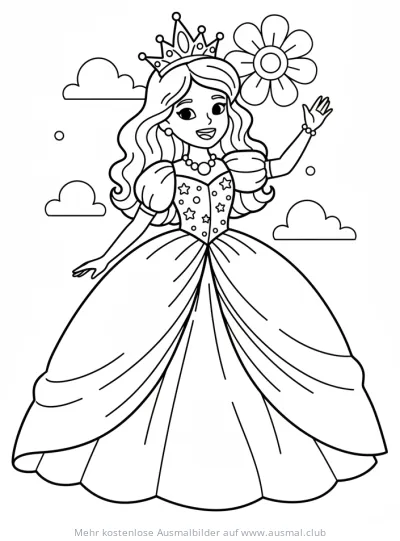 Prinzessin mit Krone, Ballkleid und Blume Ausmalbild