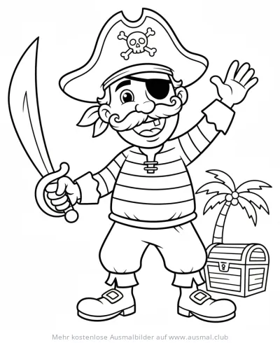 Karneval Ausmalbild Pirat mit Säbel und Schatzkiste