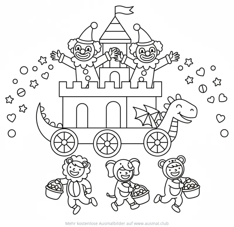 Karnevalswagen mit Clowns und Kindern in Tierkostümen Ausmalbild