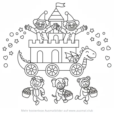 Karnevalswagen mit Clowns und Kindern in Tierkostümen Ausmalbild
