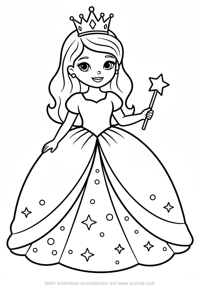 Karneval Ausmalbild: Prinzessin mit Krone und Zauberstab
