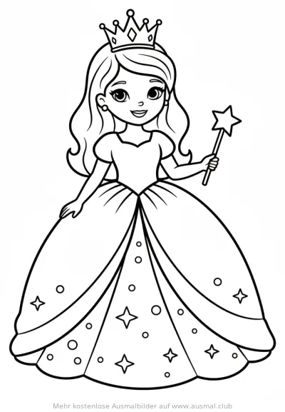 Karneval Ausmalbild: Prinzessin mit Krone und Zauberstab