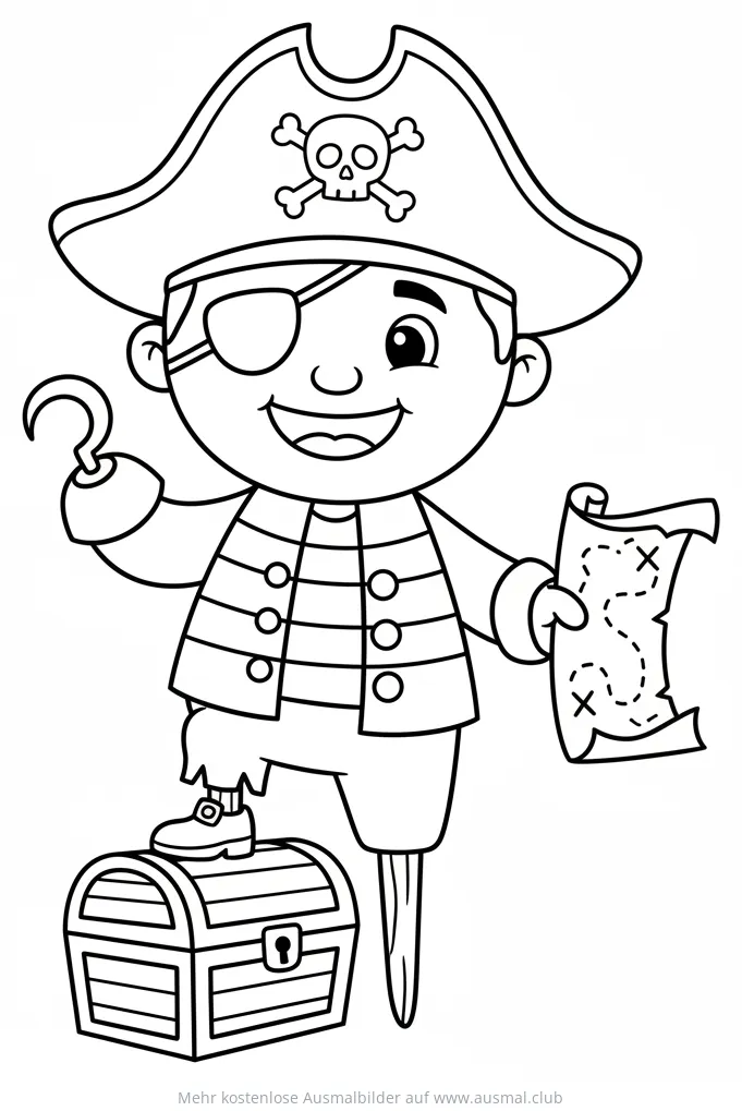 Lustiger Pirat mit Schatzkarte und Holzbein auf Schatztruhe Ausmalbild