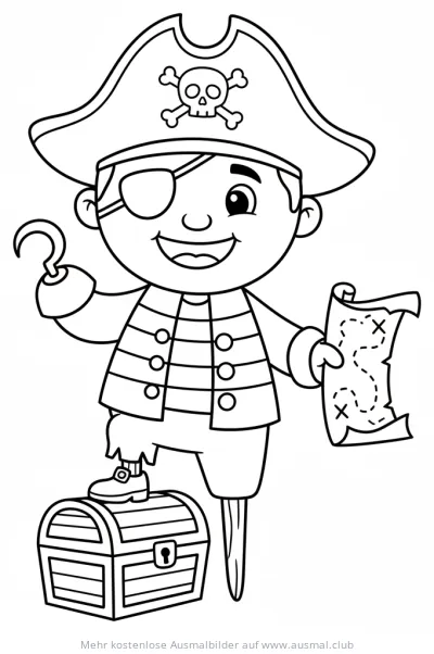 Lustiger Pirat mit Schatzkarte und Holzbein auf Schatztruhe Ausmalbild