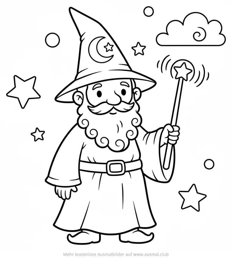 Karneval Ausmalbild: Zauberer mit Zauberstab und Sternen