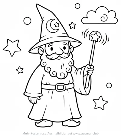 Karneval Ausmalbild: Zauberer mit Zauberstab und Sternen