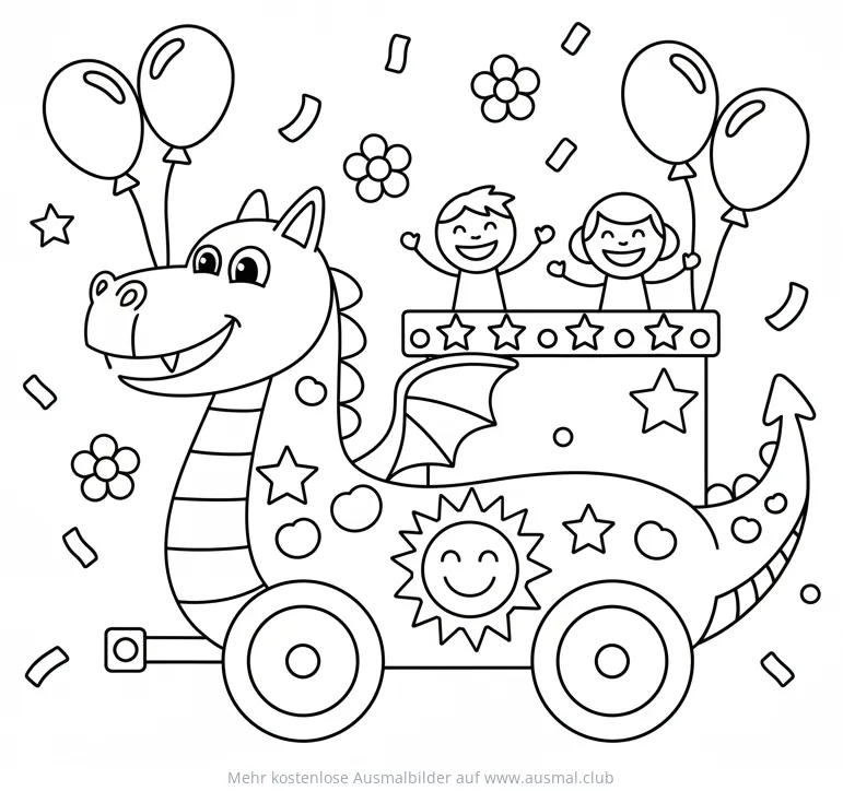 Karnevalswagen mit Drache, Kindern und Luftballons Ausmalbild