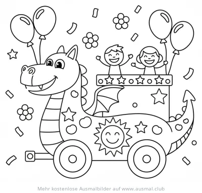Karnevalswagen mit Drache, Kindern und Luftballons Ausmalbild