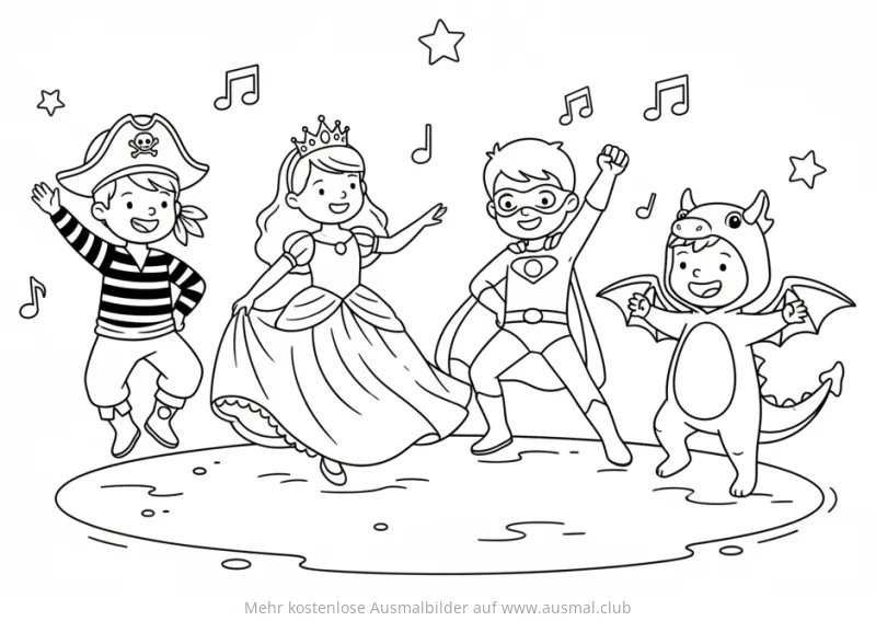 Kinder als Pirat, Prinzessin, Superheld und Drache im Karnevalskostüm Ausmalbild