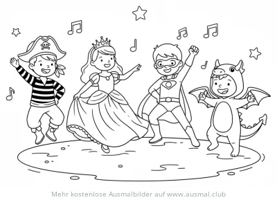 Kinder als Pirat, Prinzessin, Superheld und Drache im Karnevalskostüm Ausmalbild