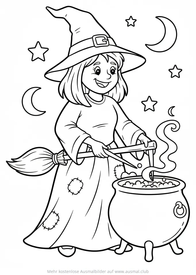 Hexe rührt im Kessel Ausmalbild für Kinder