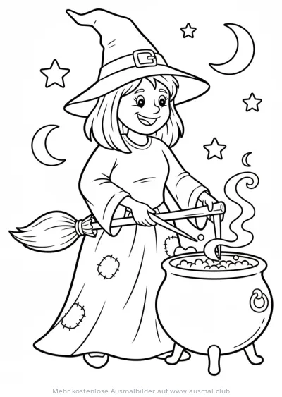 Hexe rührt im Kessel Ausmalbild für Kinder