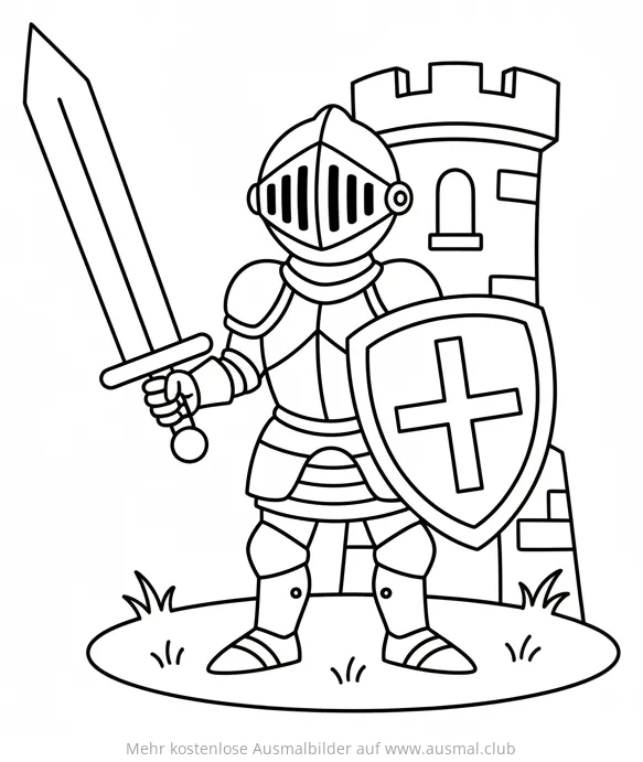 Ritter mit Schwert und Schild vor Burg Ausmalbild