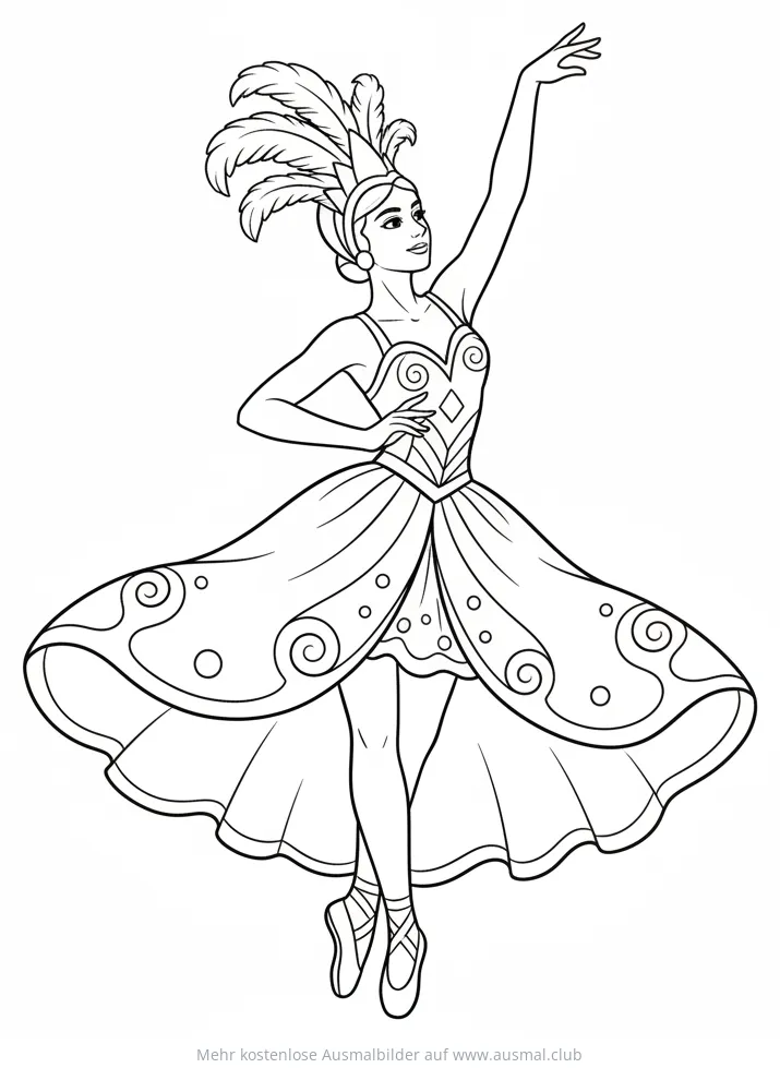 Karneval Tänzerin mit Federkopfschmuck Ausmalbild