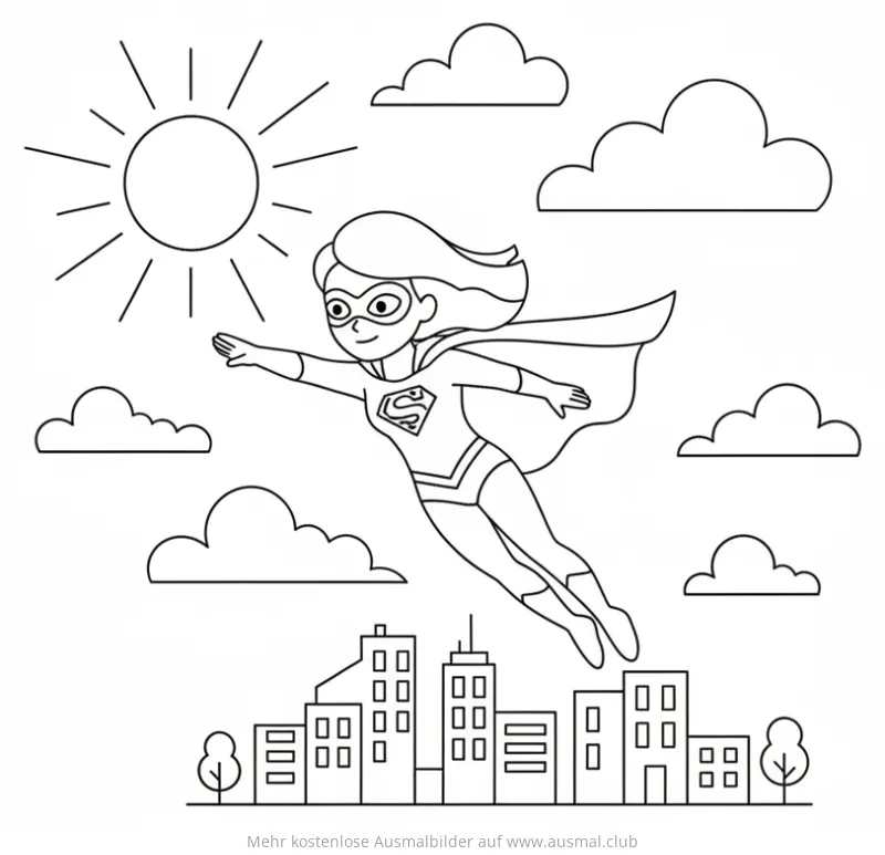 Superheldin fliegt über Stadt Ausmalbild