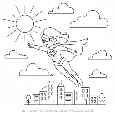 Superheldin fliegt über Stadt Ausmalbild