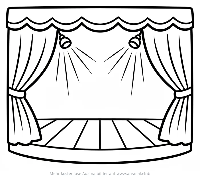Karneval Ausmalbild: Leere Bühne mit Vorhang und Scheinwerfern