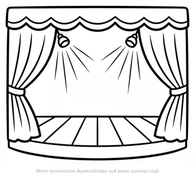 Karneval Ausmalbild: Leere Bühne mit Vorhang und Scheinwerfern