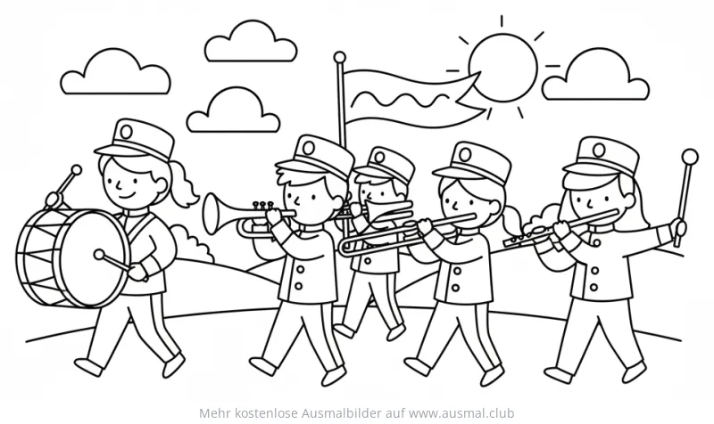 Karneval Ausmalbild: Musikkapelle mit Kindern
