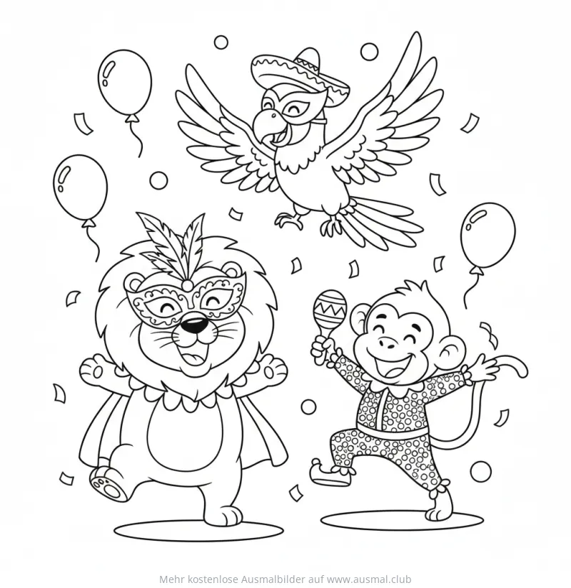 Karneval Ausmalbild mit Löwe, Papagei und Affe im Faschingskostüm