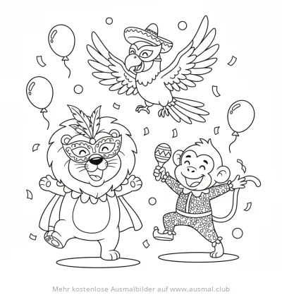 Karneval Ausmalbild mit Löwe, Papagei und Affe im Faschingskostüm
