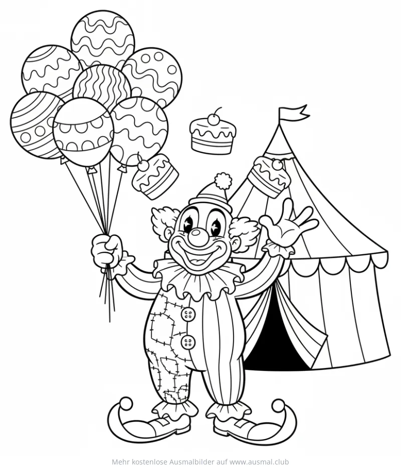 Clown mit Luftballons und Zirkuszelt Ausmalbild