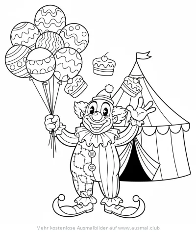 Clown mit Luftballons und Zirkuszelt Ausmalbild